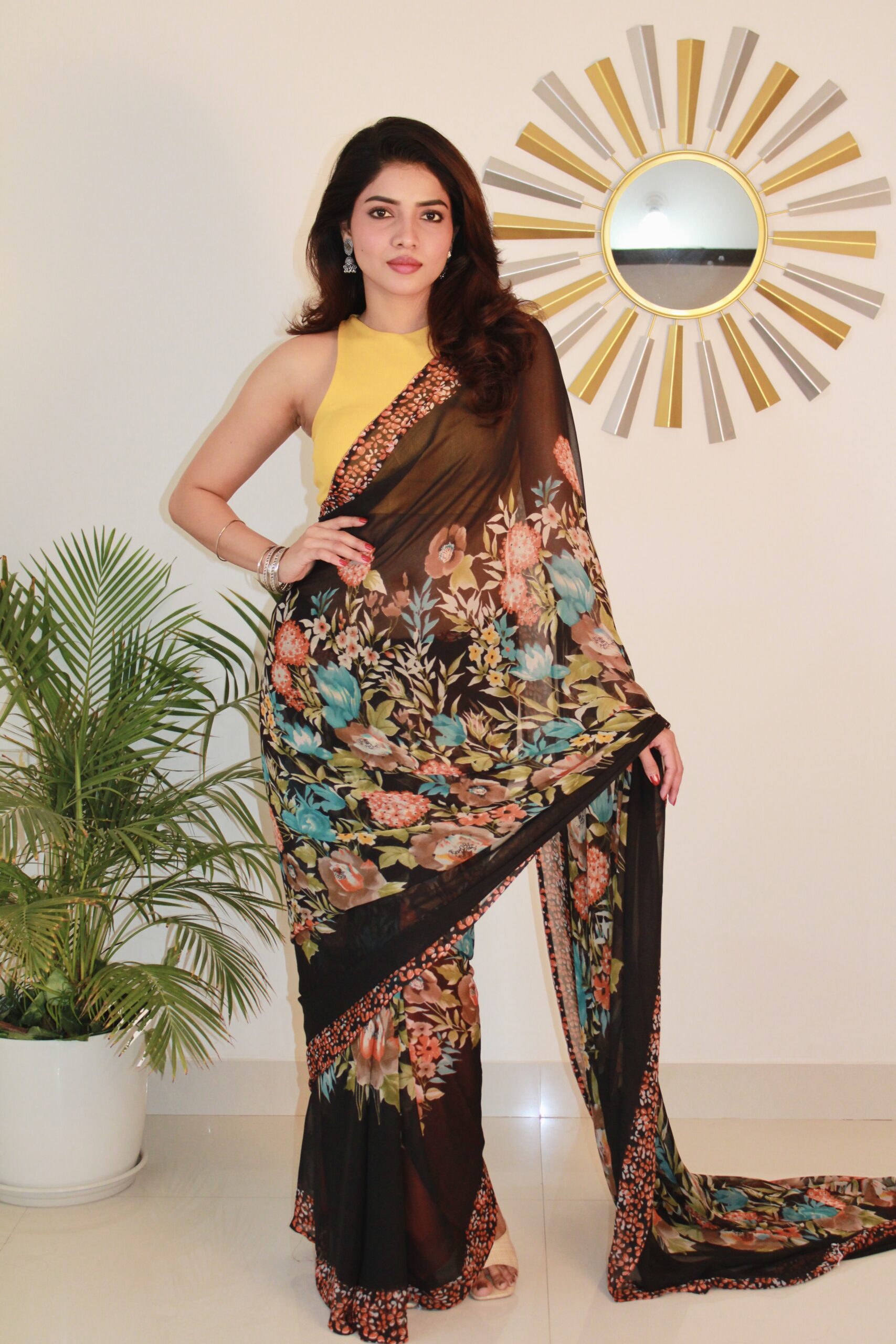 Sitanjalinx Dola Silk Banarasi Bridal Saree – Ready to Wear Traditional Indian dola silk saree for festive wear Sitanjali Black Printed Georgette Saree